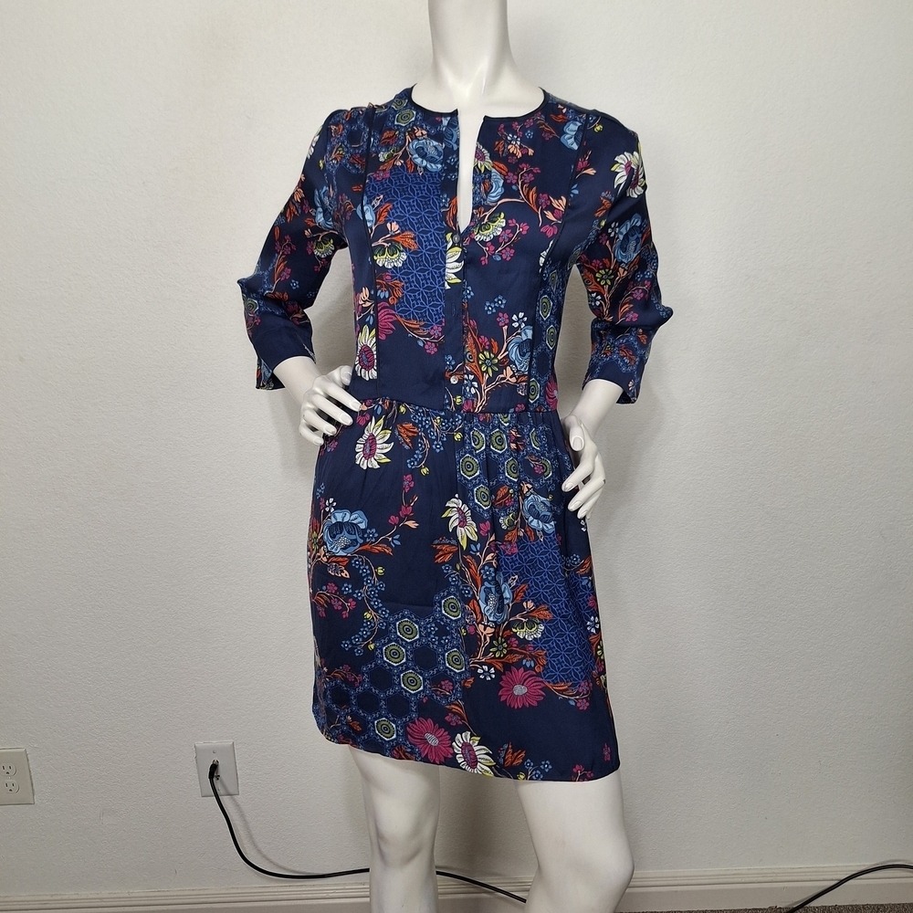 Josie Natori Josie Navy Multicolor Floral Boho Dark Academia Shift Dress Size S